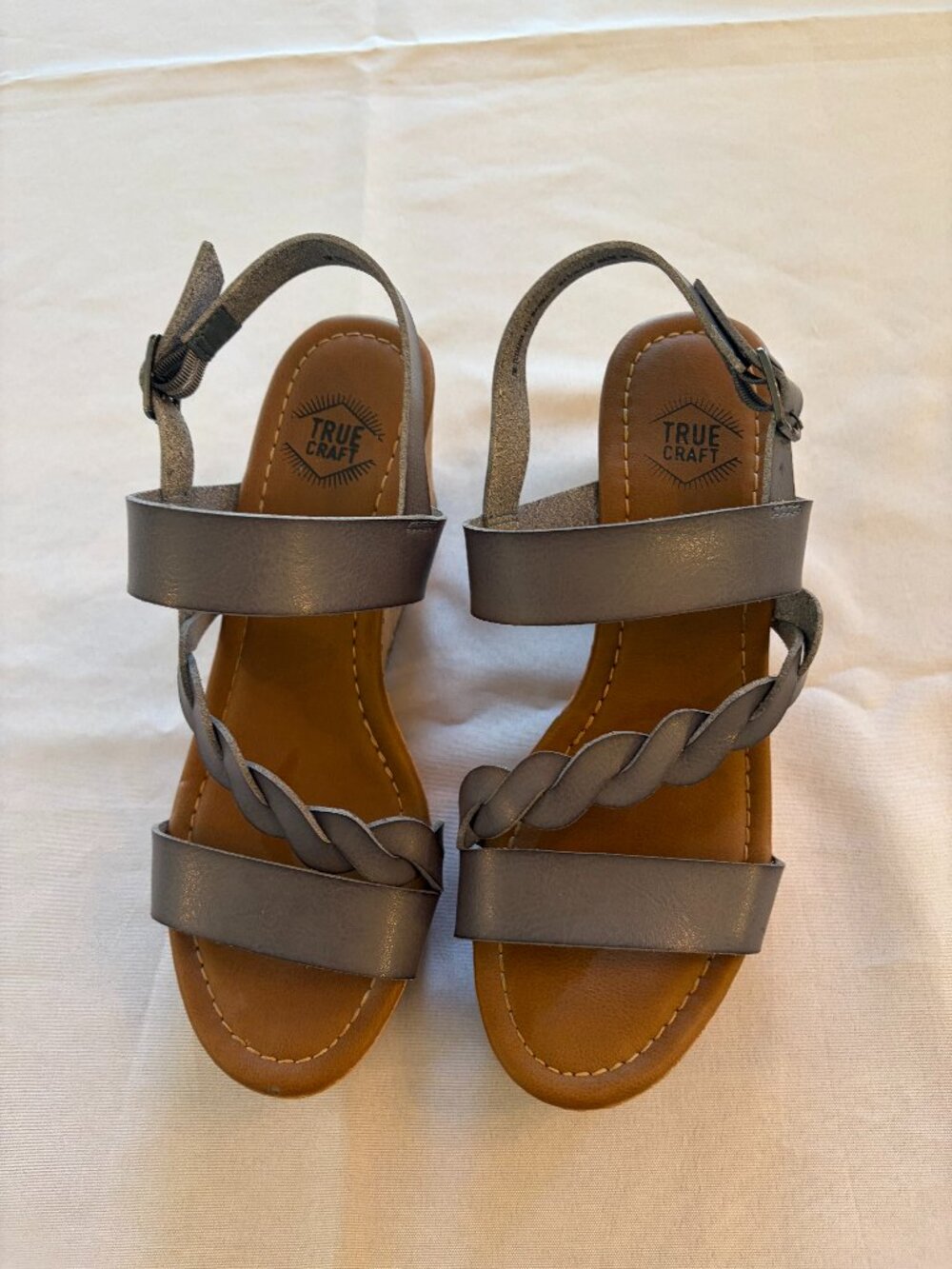 True Craft Blue/Grey Leather wedge heels size 7